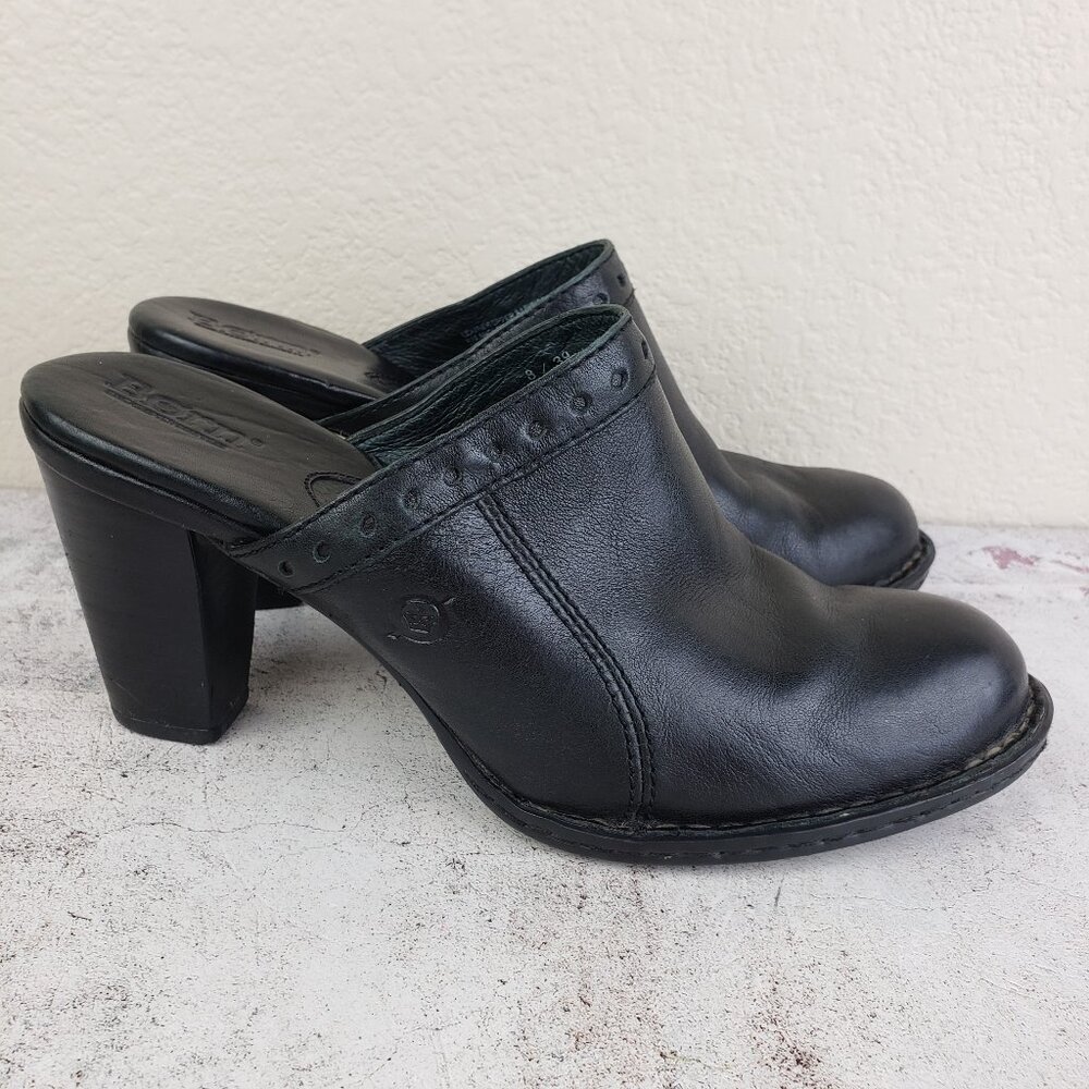 BORN Mules Clogs Leather Black Chunky Heel Slip-On Shoes size 8/39 Minimalist
